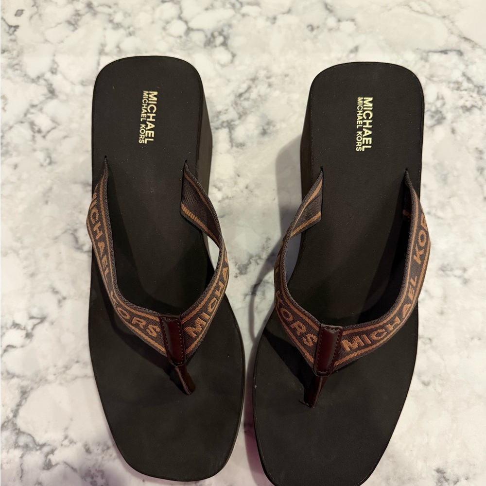 Michael Kors Dark Brown Wedge Flip Flops - Picture 2 of 2